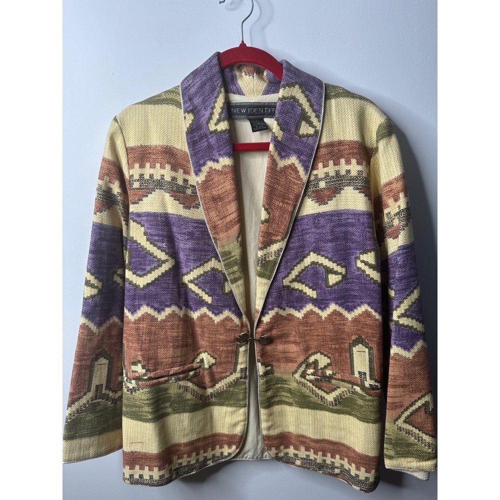 New Identity Womens Small Tapestry Blazer Southwestern Geometric Cotton Jacket